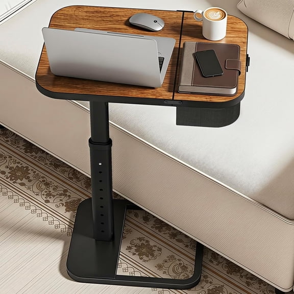 Large TV Tray Table with Flip-Top Storage Compartment for Extra Storage Space, 9 Adjustable Heights TV Trays, Safe Rounded Corners for Living Room, Bedroom, Study, Home Office, Brown