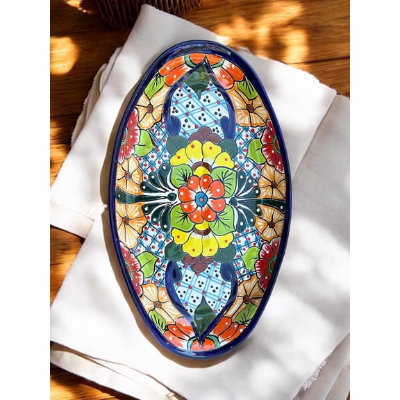 Large Talavera Oval   17.5 x 10 Hand-Painted Ceramic Mexican Pottery Serving Tray