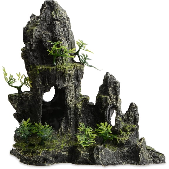 Large and Tall Aquarium Mountain View Stone Decorations, Resin Rocks Aquascaping Cave Ornaments with Plants Fish Tank Accessories Betta Hideout Caves Rockery Landscape 11Inches High