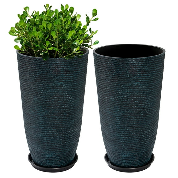 QCQHDU 21 inch Tall Planters with Saucer,2 Pack 9 Gallon Stone Round Pots for Indoor Plants,Outdoor Patio & Porch Decor, Heavy Duty Weatherproof Plant Containers,Blue