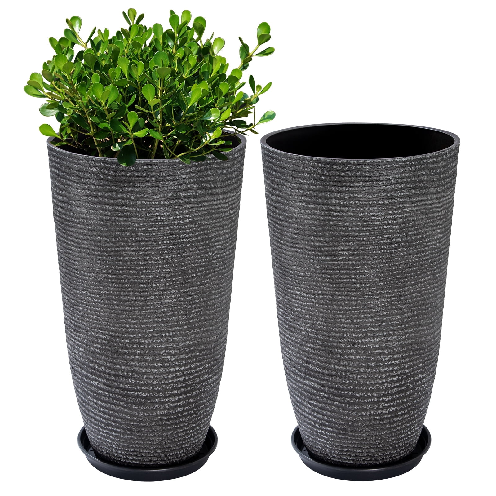 QCQHDU 21 inch Tall Planters with Saucer,2 Pack 9 Gallon Stone Round Pots for Indoor Plants,Outdoor Patio & Porch Decor, Heavy Duty Weatherproof Plant Containers,Dark Gray