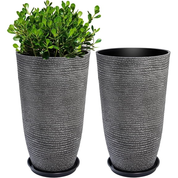 Large Tall Dark Gray Planters Set of 2-9 Gallon 12" Round Outdoor Planters for Front Door & Patio, Faux Stone Indoor Plant Pots with Tray, Porch Decor Plant Containers