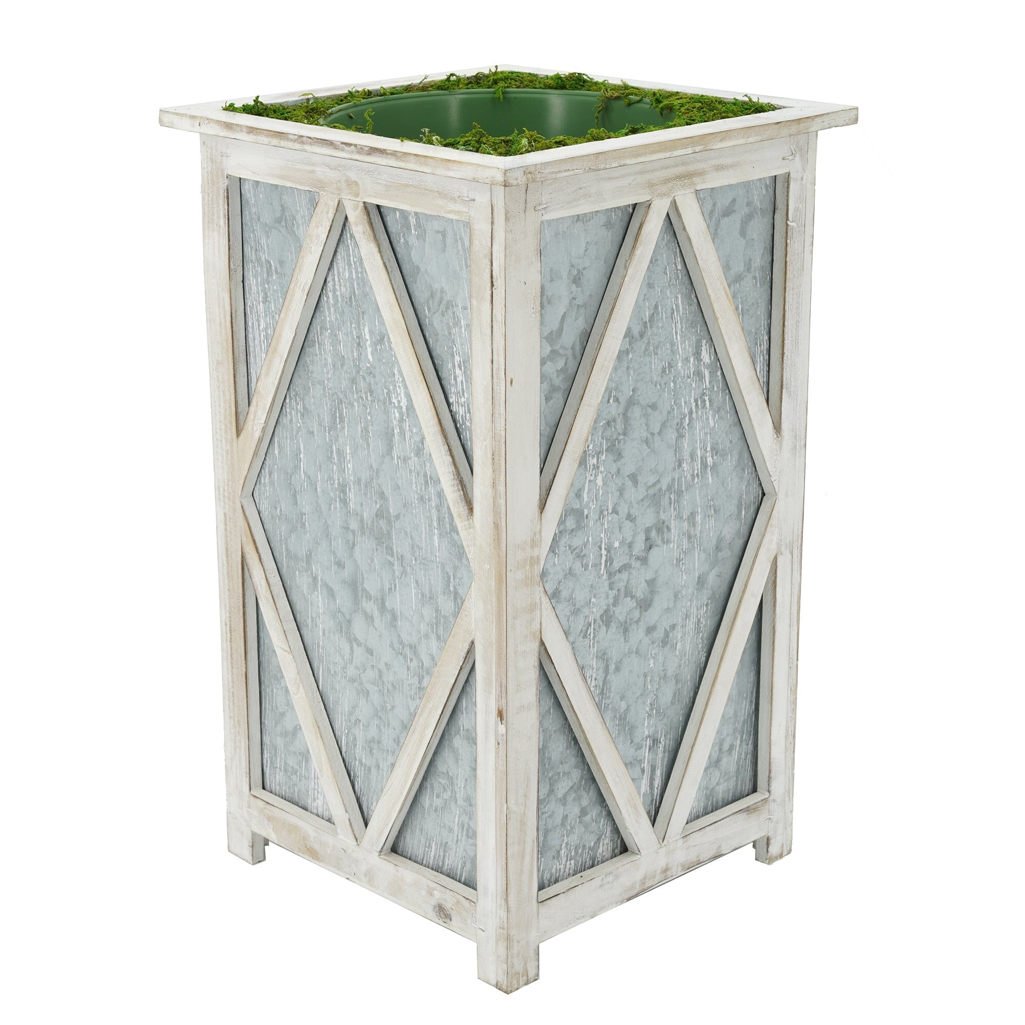 Large Tall Diamond Wood/Metal Planter Pot-in-a-Pot White