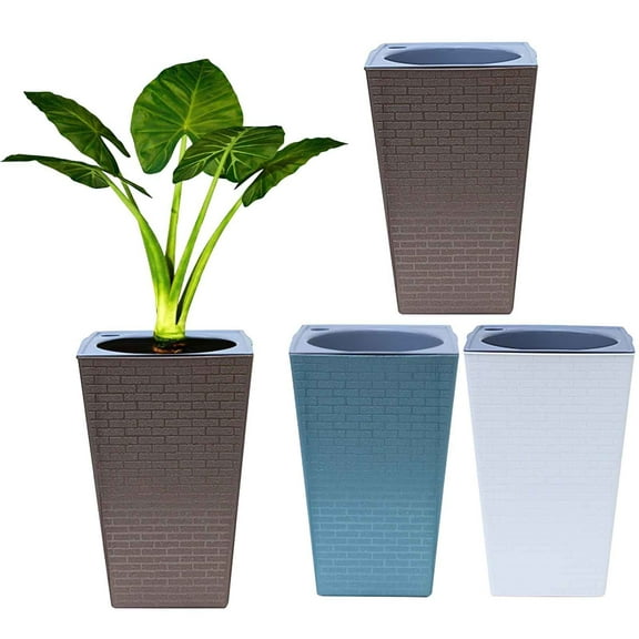 Large Tall Modern Planter with Drainage Holes | Self-Watering Lightweight Plastic Plant Pot for Indoor Outdoor Use | Brick-Textured Square Design | Durable Weatherproof | Home Office Patio Deck