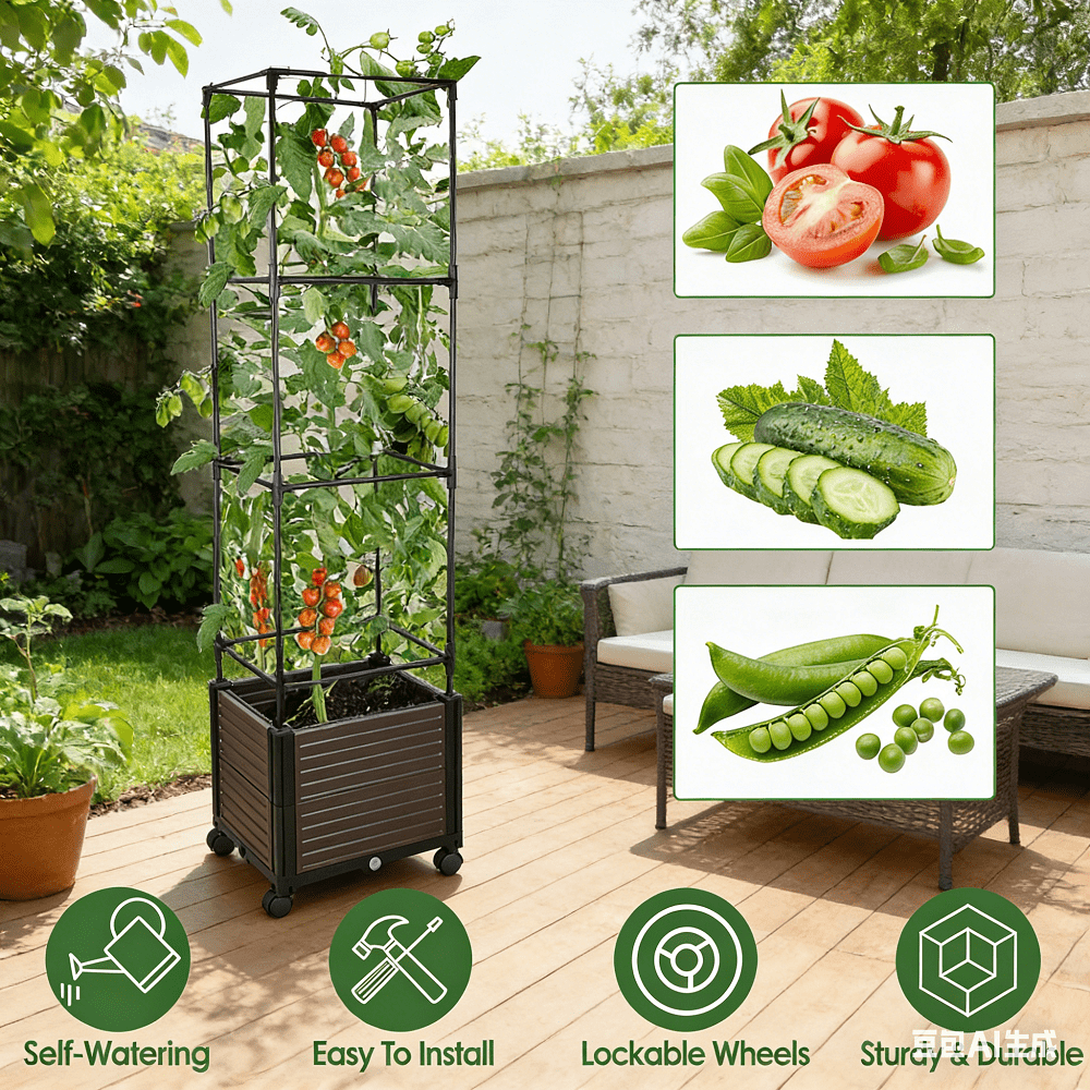 Large Tall Raised Garden Bed with Trellis for Climbing Plants, 63in Expandable Vertical Planter with 4 Lockable Wheels Outdoor Indoor Planter Box for Vines Tomatoes Cucumbers on Patio, Balcony Deck