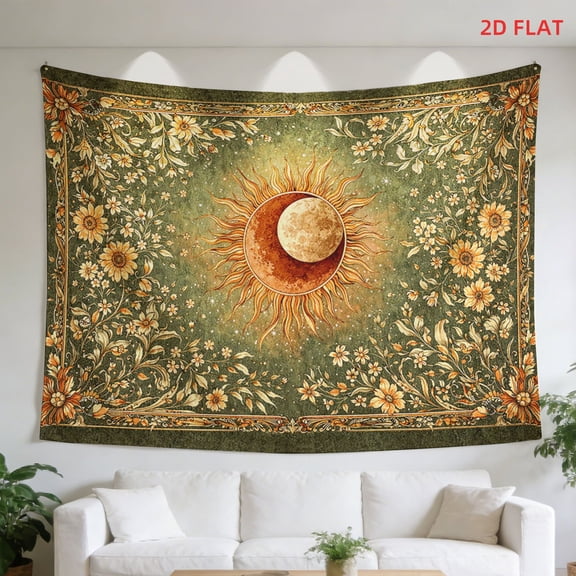 A Large Tapestry Featuring a Celestial And Ornate Design with Sun, Moon, And Floral Patterns, Perfect for Decorating Walls in Bedrooms, Living Rooms, Meditation Spaces, Offices