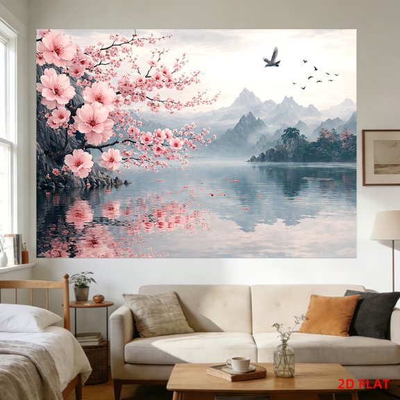 A Large Tapestry Featuring a Pattern of Cherry Blossoms, a Calm Lake, Soaring Birds, Distant Mountains, And Reflective Water. Ideal for Decorating Walls in Bedrooms, Living Rooms, Meditation Spaces