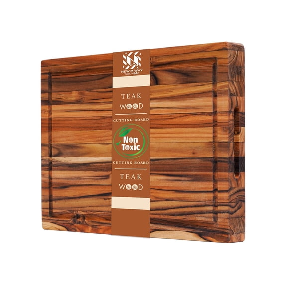 Large Teak Cutting Board 16x11x1.5 Inch Thick Edge Grain Butcher Block for Meat & Kitchen Prep with Juice Groove and Handle, Solid Hardwood, Non Toxic Wood Cutting Board by New M Way