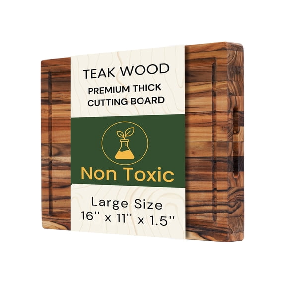 Large Teak Cutting Board 16x11x1.5 Inch Thick Edge Grain Butcher Block for Meat & Kitchen Prep with Juice Groove and Handle, Solid Hardwood, Non Toxic Wood Cutting Board by New M Way