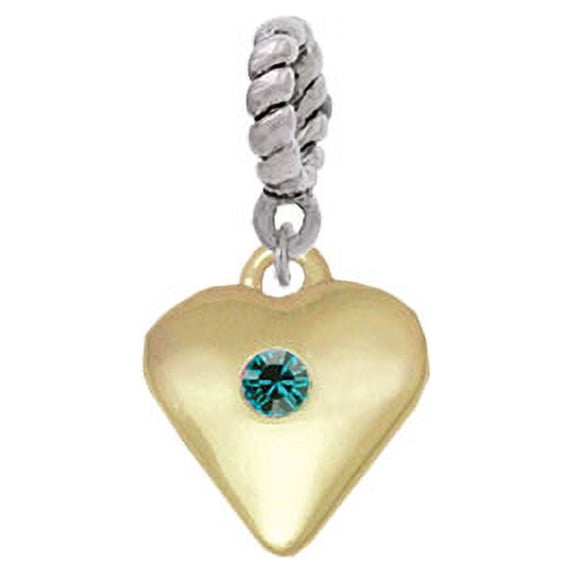 Large Teal Birthday Crystal Gold Tone Heart - Rope Charm Bead