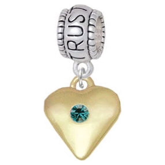 Large Teal Birthday Crystal Gold Tone Heart - Trust In God Charm Bead