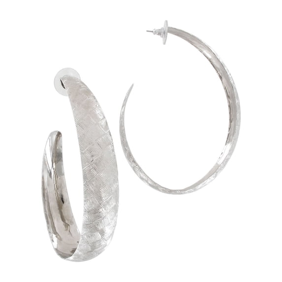 Large Textured Silver Tone Basket Weave Design Oval Hoop Earrings Pierced 3"