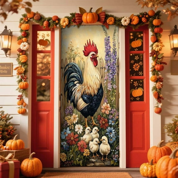 Large Thanksgiving Door Banner - Holiday Scene Setter Polyester Front Door Decor Fall Harvest Wall Hanging Festival Party Background Decor(D)