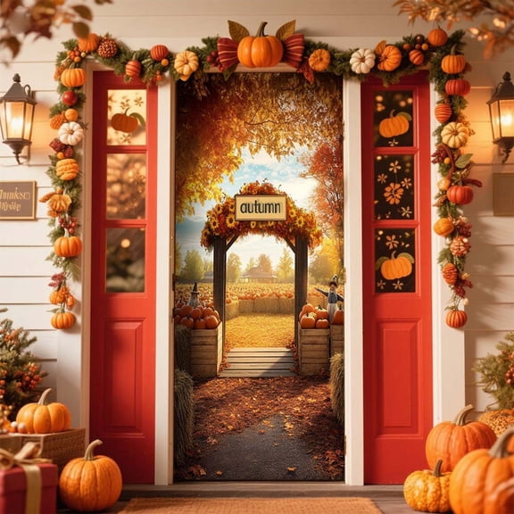 Large Thanksgiving Door Banner - Holiday Scene Setter Polyester Front Door Decor Fall Harvest Wall Hanging Festival Party Background Decor(G)