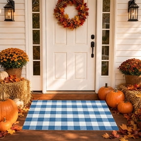 Large Thanksgiving Plaid Doormat, Cotton Blend Hand Woven Washable Entryway Rug, Non Slip Rubber Back Welcome Mat, Fall Harvest Front Porch Door Decor, Blue