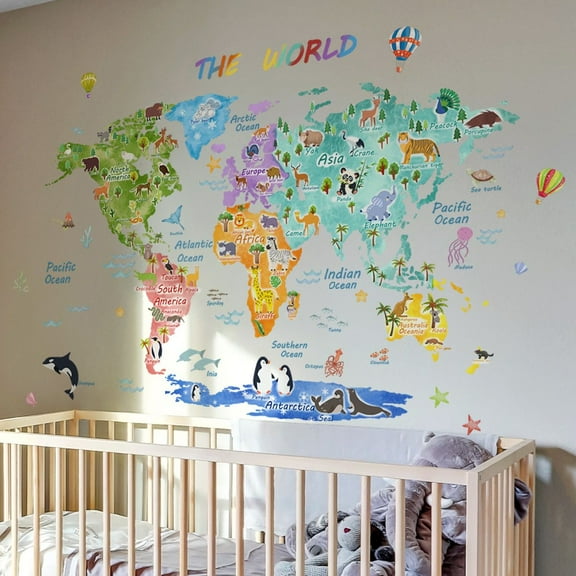 Large The World Animal Distribution Wall Stickers Waterproof Map Wall Decals Peel and Stick Watercolor Nature Vine Wall Art for Bedroom Living Room