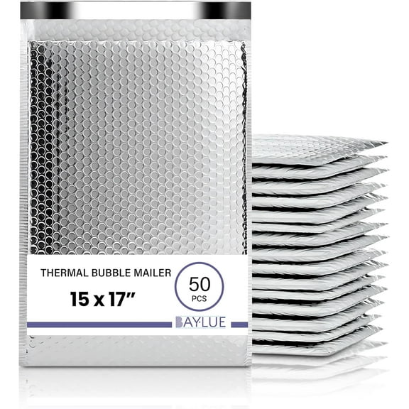 Large Thermal Bubble Mailer 15"x17" Inch - 50 Pack Bulk | Metallic Bubble Mailers | Insulated Mailers for Cold Shipping | Waterproof Thermal Foil Shipping Envelopes | Secure Cold Shipping Bags