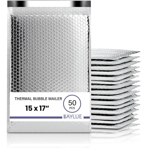 Large Thermal Bubble Mailer 15"x17" Inch - 50 Pack Bulk | Metallic Bubble Mailers | Insulated Mailers for Cold Shipping | Waterproof Thermal Foil Shipping Envelopes | Secure Cold Shipping Bags