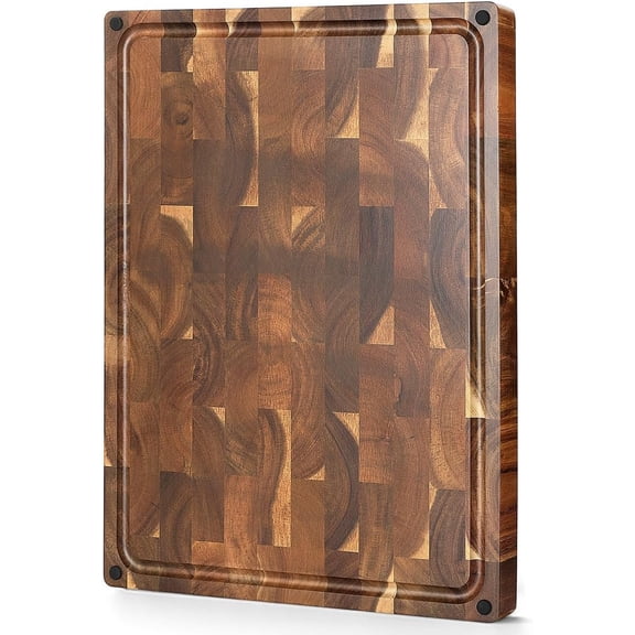 Large Thick End Grain Acacia Board- (19''L x 14''W x 1.5''T) Reversible Wooden Chopping Board with Non-Slip , -in Handles and Juice - Butcher Block Board