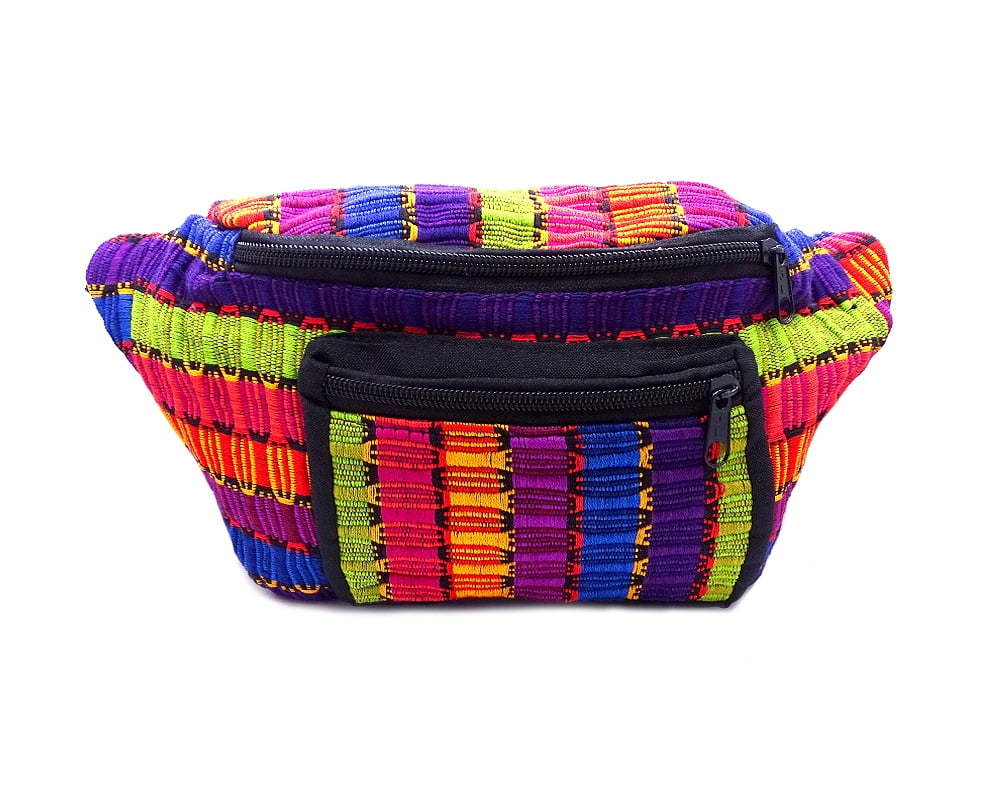 Large Thick Multicolored Woven Cotton Striped Pattern Fanny Pack Waist Bag - Handmade Adjustable Belt Pouch Boho Accessories