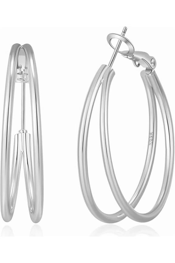 Large Thin Double Loop Earrings for Women, Hypoallergenic Lightweight Sterling Silver & Gold Plated, Double Layered Sterling Silver Post Big Hoop Earrings for Women (30/40/50mm)