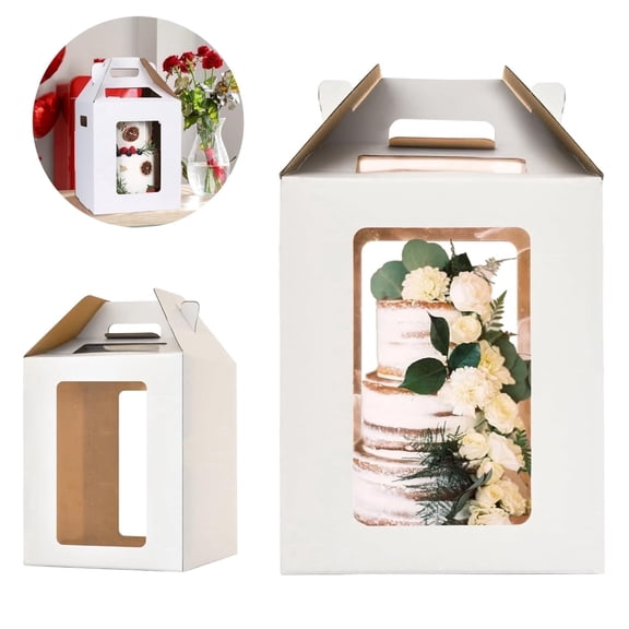 Large Tiered Cake Boxes,Tall Cake Boxes with Handle,Cake Packaging Box,Disposable Layer Tall Cake Carrier with Window,Cake Safe Transport Box,for Valentine’s Day Birthday Wedding White