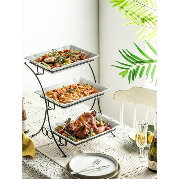 Large Tiered Tray Stand, 3 Tier Serving Tray Porcelain Baking Set with Serving Stand 3 Tier Buffet Server for Fruit, Dessert, Food Display Stand for Party, Thanksgiving