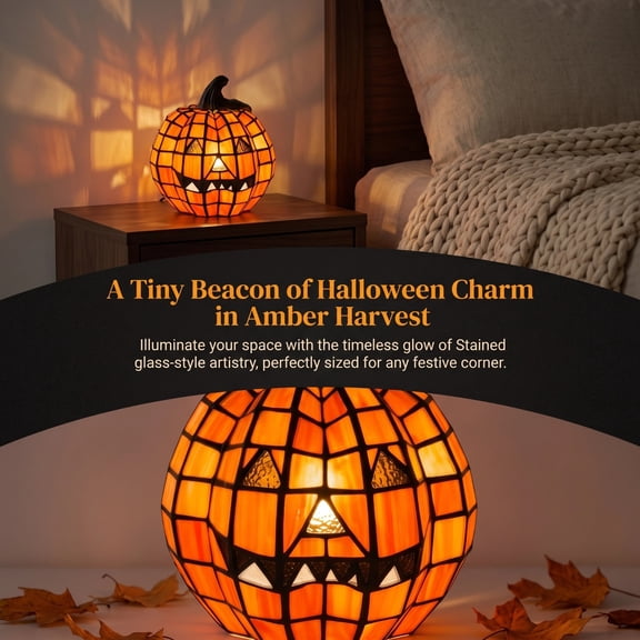 Large Tiffany Style Pumpkin Night Light, Unbreakable Resin Stained Glass Jack O Lantern Lamp, Fall Halloween Decor Table Light for Living Room Window Mantel Display Gift