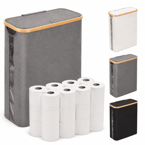 Large Toilet Paper Storbasket With Lid Slim Organizer Hold Up To 20 Regular Rolls Or 15 Mega Rolls. (grey 49l)
