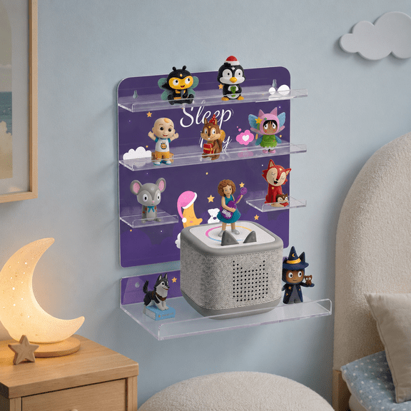 NIUBEE Floating Shelf Non-Magnetic, Acrylic Wall Shelf for Tonies, Accessories, Clear Floating Display with Charging Hole, Display Collection 28~30 Characters, Purple