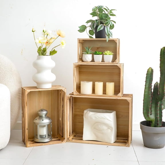 Large Torched Wood Storage Crates Decorative, Set of 4 Nesting Wooden Crates for Display Rustic, Farmhouse Wooden Storage Container Boxes Made from Wood