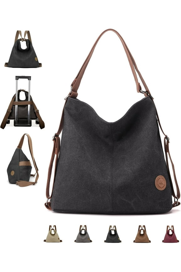 Large Tote Bag Convertible Backpack Purse for Women with Zipper Pockets, Canvas Crossbody Shoulder Hobo Bag 4-in-1