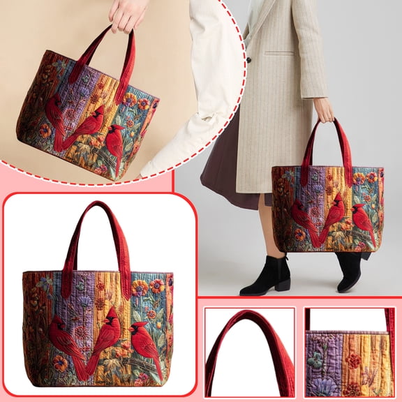Large Tote Bags, Floral Gift Bag, Large Utility Tote Bag, Reusable Tote Bag, 15X11X4 Inch Quilted Cardinal Bird Print Fabric Carryall for Daily Errands, Shopping and Storage