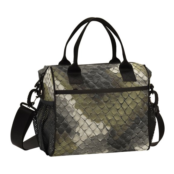 Large Tote Lunch Bag - Multi-Compartment Waterproof Portable Thermal Food Bag for Commute Office & Picnic Outings Greenish-brown Snake Skin Print Pattern