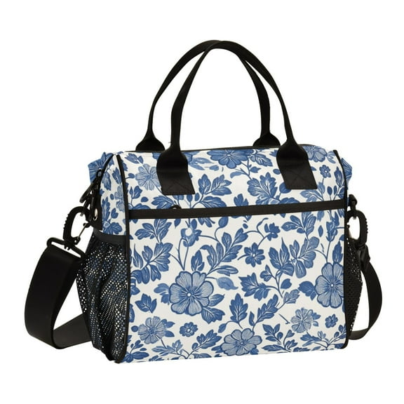 Large Tote Lunch Bag - Multi-Compartment Waterproof Portable Thermal Food Bag for Commute, Office & Picnic Outings. Blue Floral Pattern