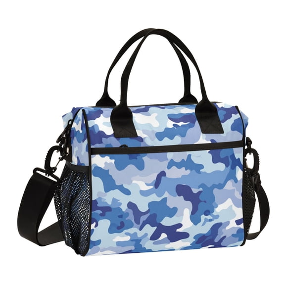 Large Tote Lunch Bag - Multi-Compartment Waterproof Portable Thermal Food Bag for Commute Office & Picnic Outings Blue and White Camouflage