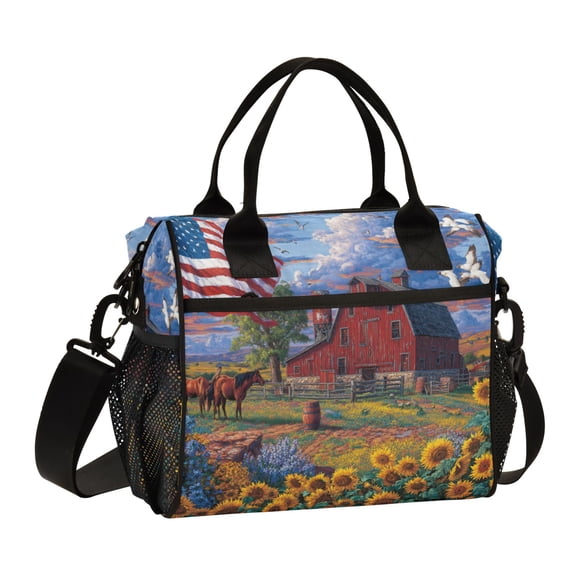 Large Tote Lunch Bag - Multi-Compartment Waterproof Portable Thermal Food Bag for Commute Office & Picnic Outings Farmland Oil Painting Pattern