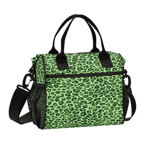 Large Tote Lunch Bag - Multi-Compartment Waterproof Portable Thermal Food Bag for Commute, Office & Picnic Outings. Green Cheetah Print