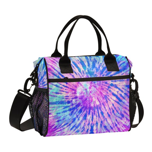 Large Tote Lunch Bag - Multi-Compartment Waterproof Portable Thermal Food Bag for Commute, Office & Picnic Outings. Pink and Blue Pastel Tiedye