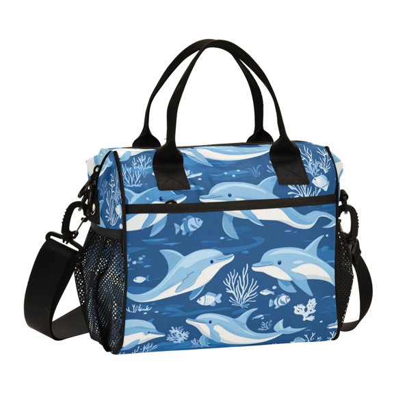 Large Tote Lunch Bag - Multi-Compartment Waterproof Portable Thermal Food Bag for Commute Office & Picnic Outings Playful Dolphins