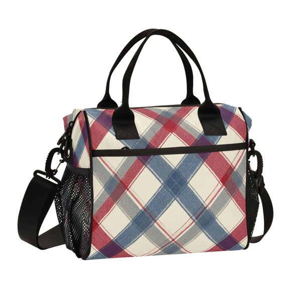 Large Tote Lunch Bag - Multi-Compartment Waterproof Portable Thermal Food Bag for Commute Office & Picnic Outings Red-blue Diagonal Lines