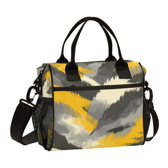 Large Tote Lunch Bag, Multi-Compartment Waterproof Thermal Food Bag for Commute Office & Picnic Outings Brushstroke Yellow Grey Camo Print