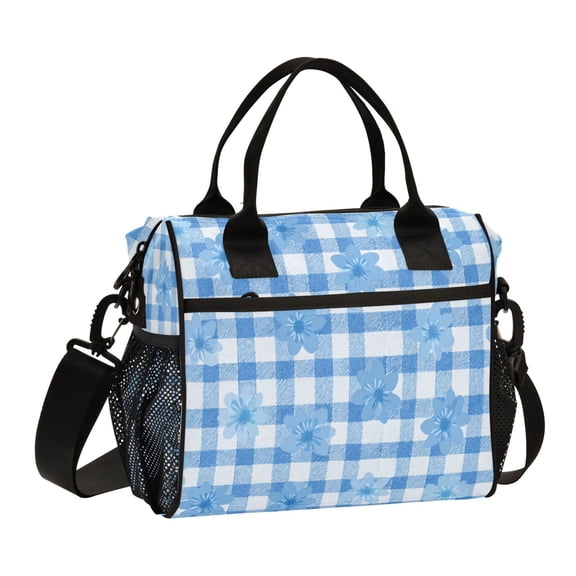 Large Tote Lunch Bag, Multi-Compartment Waterproof Thermal Food Bag for Commute Office & Picnic Outings Fresh Blue Gingham Floral Design