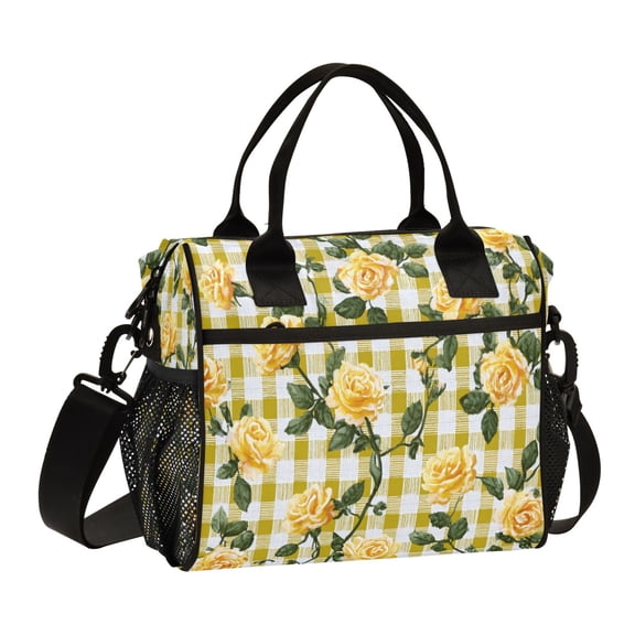 Large Tote Lunch Bag, Multi-Compartment Waterproof Thermal Food Bag for Commute Office & Picnic Outings Gingham Pattern Yellow Roses