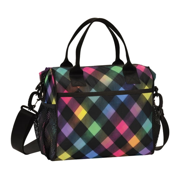 Large Tote Lunch Bag, Multi-Compartment Waterproof Thermal Food Bag for Commute Office & Picnic Outings Neon Rainbow Checkered Pattern