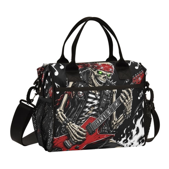 Large Tote Lunch Bag, Multi-Compartment Waterproof Thermal Food Bag for Commute Office & Picnic Outings Red Guitar Punk Skeleton