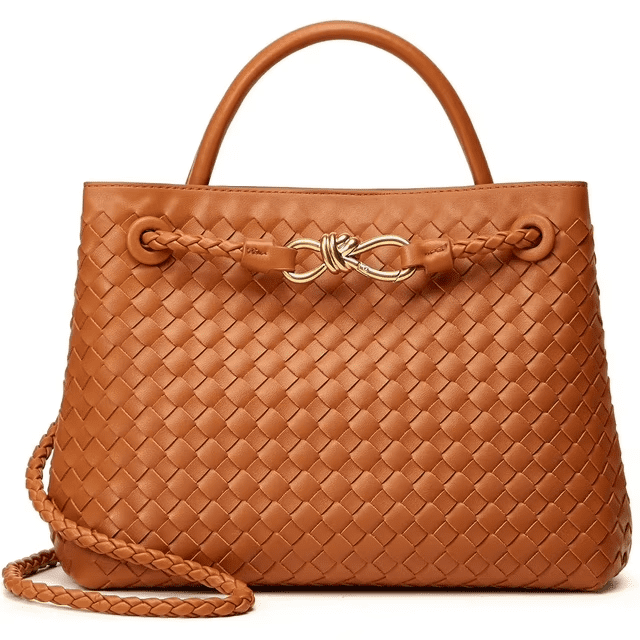Large Tote Purse Woven Bag for Women Crossbody Handbag: Vegan Leather Small Tote Purse - Bowknot Satchel Brown