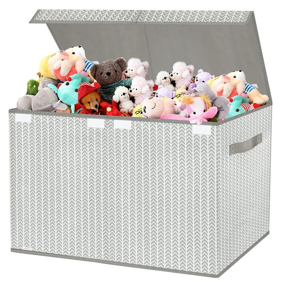 Large Toy Box Chest Organizer Bins for Boys Girls Kids, Collapsible Fabric Storage Basket Container with Flip-Top Lid & Handles for Clothes,Blanket,Nursery,Playroom,Bedroom, Herringbone Pattern(Gray)
