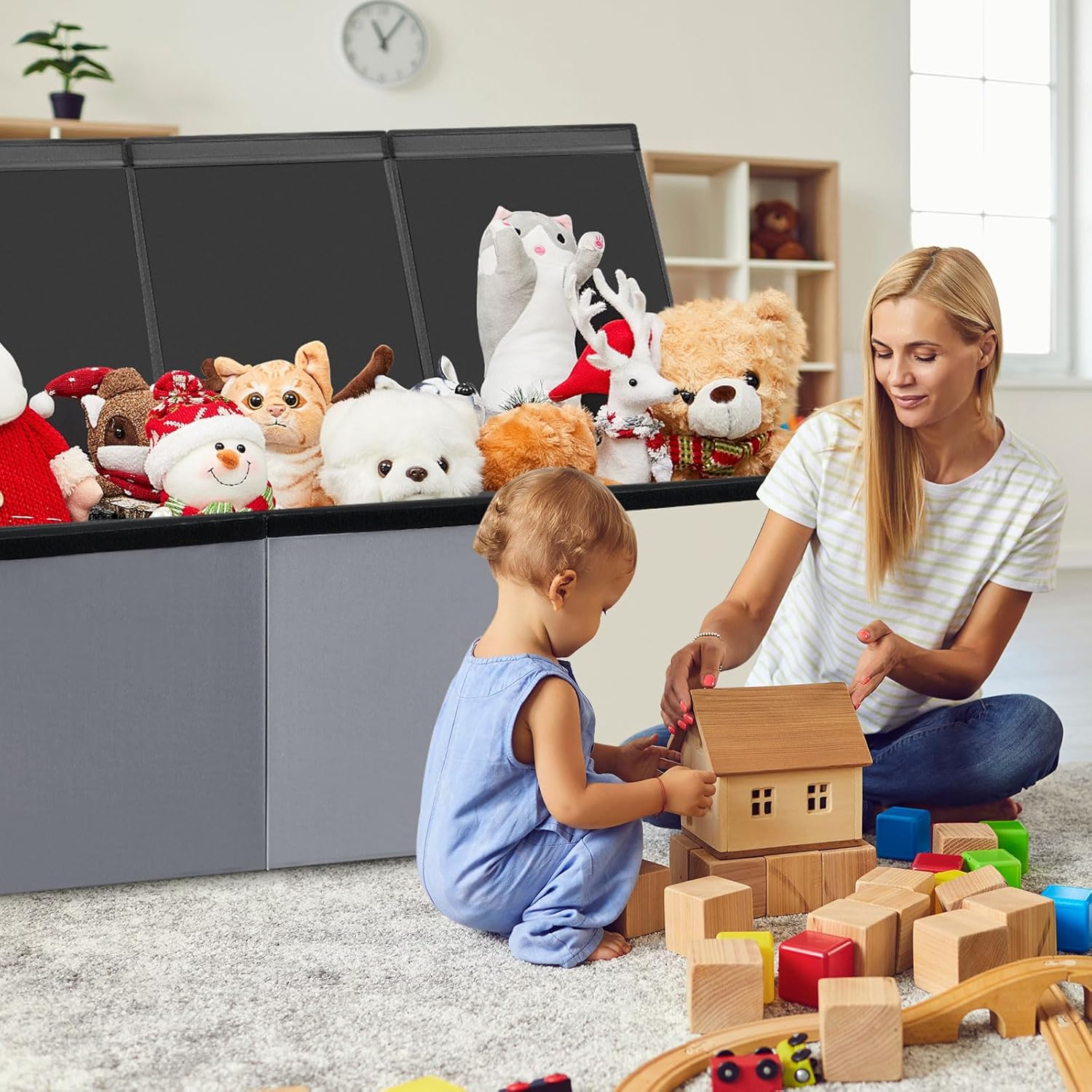Large Toy Box Chest with Lids 4/3 Grids Large Collapsible Kids Storage Basket for Boys Girls Living Room Nursery Playroom