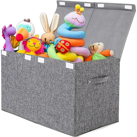 Large Toy Box Storage with Lid, Collapsible Sturdy Toy Chest Storage Bin Box with Rivets Handles for Kids, Boys, Girls, Nursery, Playroom, Living Room, Bedroom, 25"x 13" x 16" (Linen Gray)